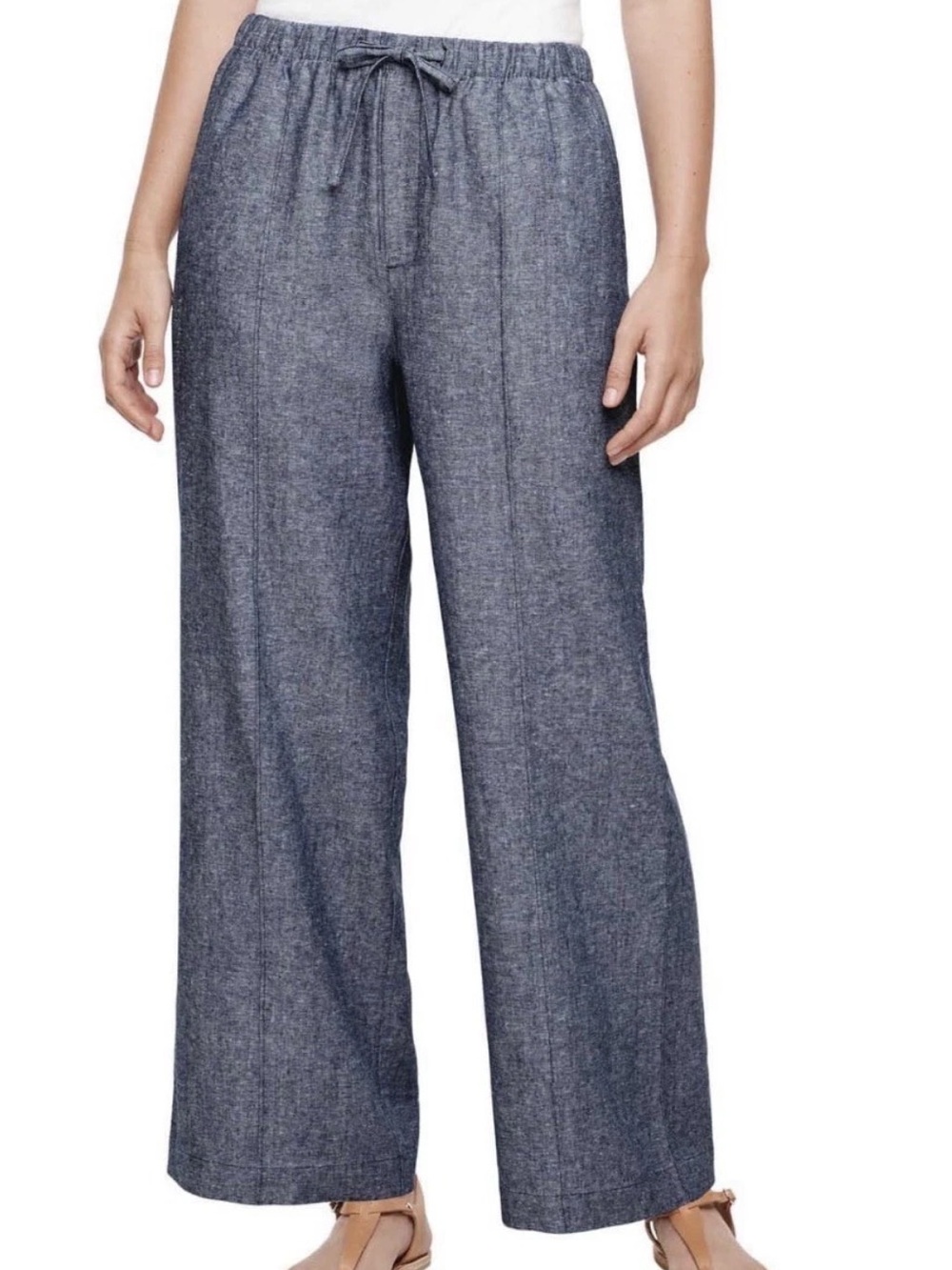GAP M NWOT Wide-Leg DENIM-LOOK CHAMBRAY Drawstring Linen-Blend Pants